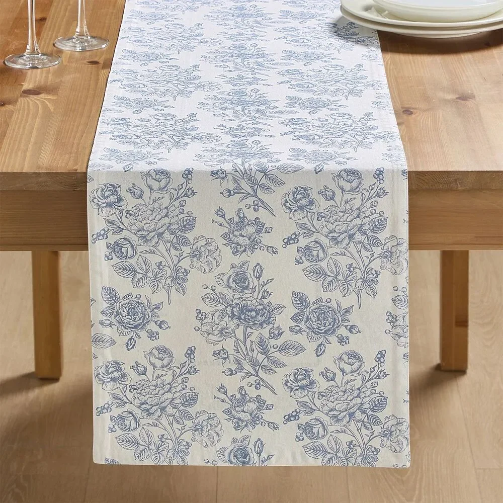 Floral Cotton Reversible Table Runner Blue and White 4 x 90-inch My Texas House